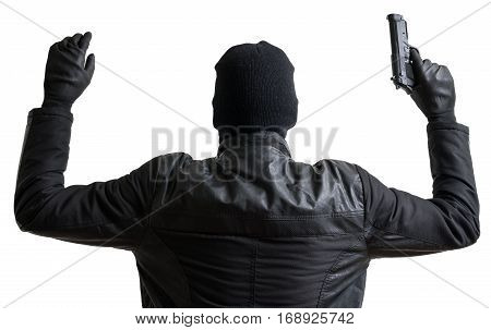 Burglar Masked With Balaclava Is Putting Hands Up And Gives Up.
