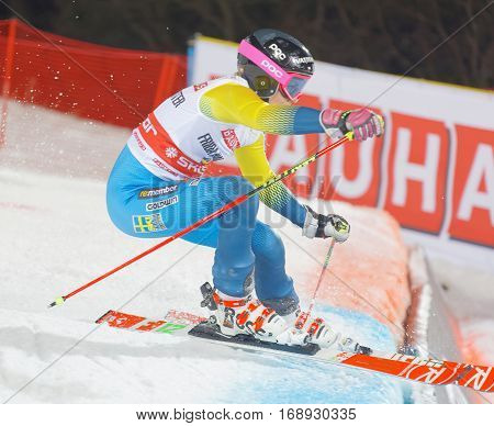 STOCKHOLM SWEDEN - JAN 31 2017: Frida Hansdotter (SWE) jumping in the parallel slalom downhill skiing at the Alpine Audi FIS Ski World Cup - city event January 31 2017 Stockholm Sweden