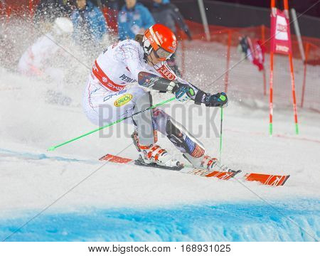 STOCKHOLM SWEDEN - JAN 31 2017: Petra Vihova (SVK) prepare a jump in the parallel slalom downhill skiing at the Alpine Audi FIS Ski World Cup event. January 31 2017 Stockholm Sweden