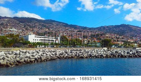 panoramic view ocean port breakwaters Funchal Madeira Portugal