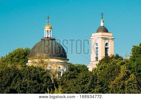 Dome And Bell Tower Of Peter And Paul Cathedral Under Sunny Summer Blue Sky In Gomel, Belarus.