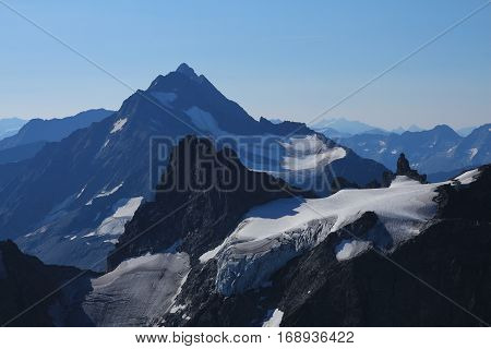 Glacier and mountains seen from mount Titlis Switzerland. Mount Stucklistock and mount Fleckistock.
