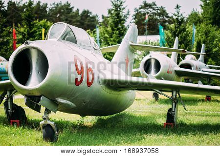 Old Russian Soviet Supersonic Military Plane Aircraft Fighter-bomber Stands At Aerodrome