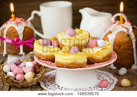 Traditional Easter treats - Easter cake kulich Easter nest cakes Easter candy eggs