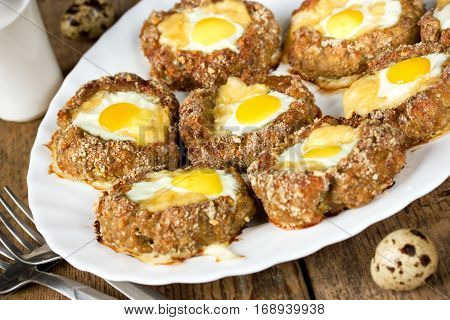 Meat nest with quail eggs and cheese - Easter food recipe