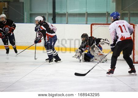 Moscow, Russia - January, 08, 2017: Female amateur hockey league LHL-77. Game between female hockey team 