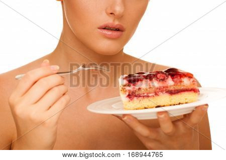 Strawberry Cake - Wman Eats Sweet Dessert Isolated