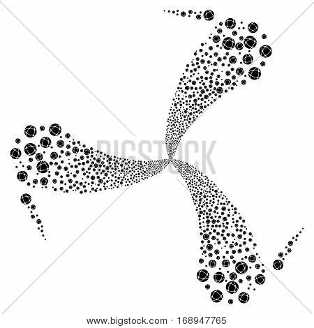 Network fireworks swirl rotation. Vector illustration style is flat black iconic symbols on a white background. Object whirl done from random design elements.