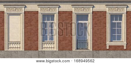 Framing of windows in classic style on the brick wall of red color. 3d rendering.