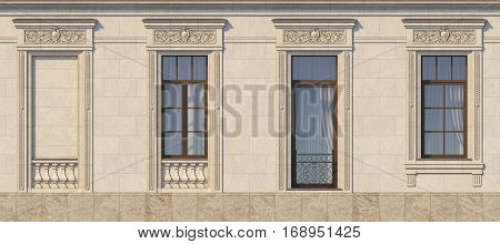 Framing of windows in classic style on the stone with French balcony. 3d rendering.