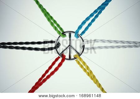 3D Rendering united for peace. Ropes tied to the symbol of peace