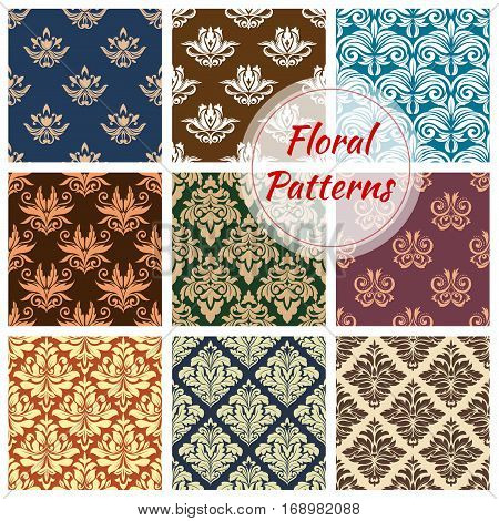 Flowery ornate patterns set. Seamless floral ornaments and baroque flower ornate tiles. Embellishment motif and damask ornamental tracery of luxury royal flowers adornment. Vector backdrop for interior design