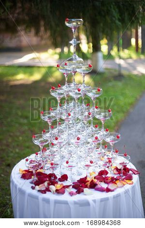 Pyramid of holiday shiny wineglasses with wine or champagne and rose petals