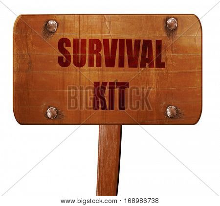 Survival kit sign, 3D rendering, text on wooden sign