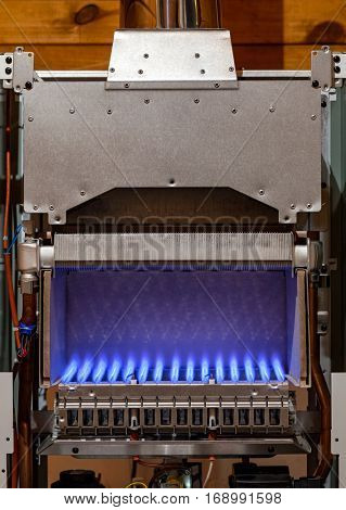 Gas flame inside of the gas boiler furnace