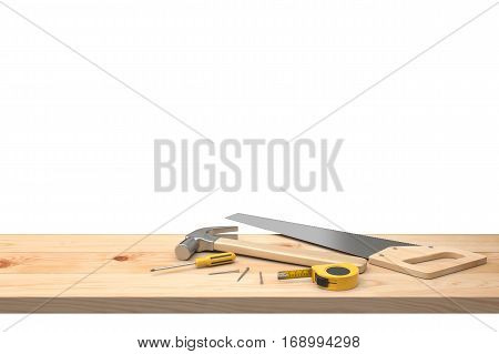 Hammer, nails, saw, screwdriver and neasuring Tape on wood table. 3D illustration