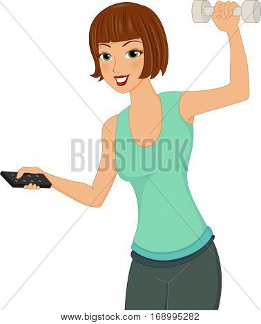 Illustration of a Girl Holding a Remote Control in One Hand and a Dumbbell in the Other Working Out While Watching TV