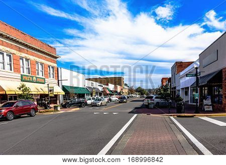 Prattville Alabama USA - January 28 2017: A view up Main Street in the historic downtown of Prattville.