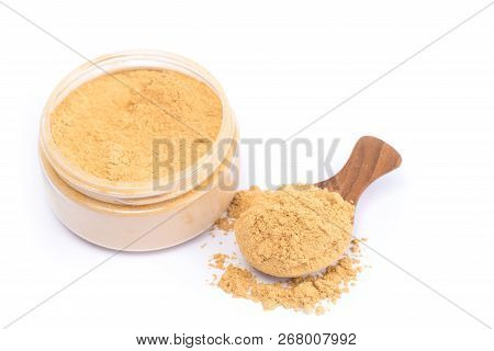 Artocarpus Lacucha Or Monkey Jack  Powder On Wooden Spoon Isolated On White Background