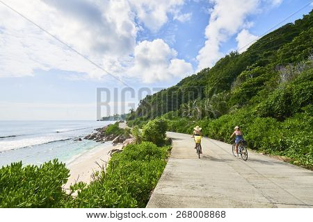 Biking On North Road Digue Island, Seychelles Island