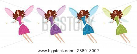 Flying Fairies With Wands In Pink, Purple, Blue And Green Dresses
