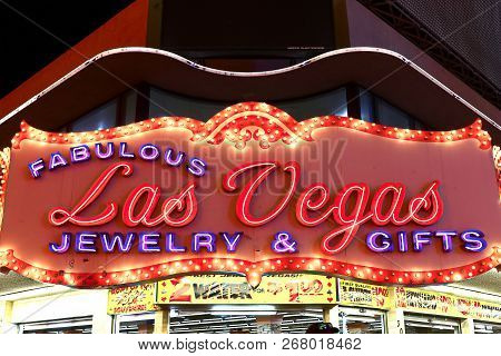 Las Vegas, Nv/usa, Sep 15, 2018: The Beautiful Neon Sign For Las Vegas, A Store At The Fremont Stree