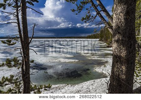 Frozen Lake Panorama View In Yellowstone National Park
