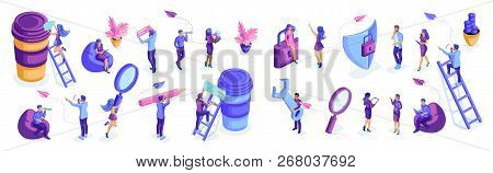 Isometric Set Of People In Motion, Work, Write, Analyze, Brainstorm. Isolated Characters On A White 
