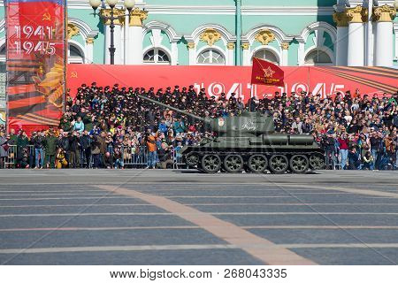 Saint Petersburg, Russia - May 06, 2018: T-34-85 - Soviet Tank Of The Period Of The Great Patriotic 