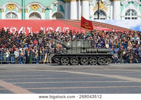 Saint Petersburg, Russia - May 06, 2018: Soviet Tank T-34-85 Of The Period Of The Great Patriotic Wa