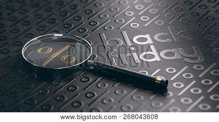 Black Friday Text Embossed On Paper Texture With Golden Percent Symbol And Magnifier. Sale Event Bac