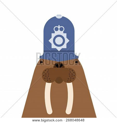 Walrus British Policeman. Long Tusks. Sea Animal Antarctica In Cap British Police Officer.