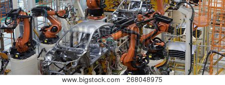 Welding Of Car Body. Automotive Production Line. Long Format. Wide Frame