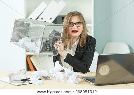 Stress, Office, Hysteric, People Concept - Aggressive Woman With A Lot Of Work In Office Laugh Becau