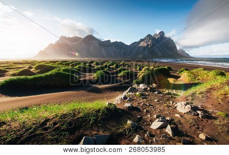 Fantastic West Of The Mountains And Volcanic Lava Sand Dunes On The Beach Stokksness, Iceland. Color