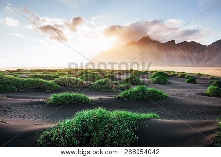 Fantastic West Of The Mountains And Volcanic Lava Sand Dunes On The Beach Stokksness, Iceland. Color