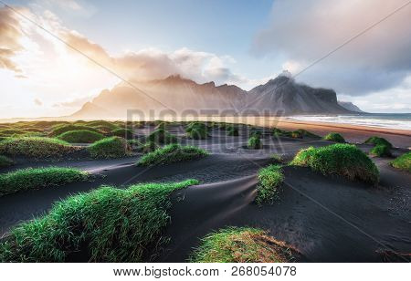 Fantastic West Of The Mountains And Volcanic Lava Sand Dunes On The Beach Stokksness, Iceland. Color