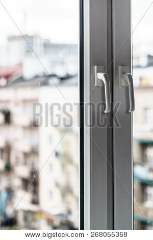 Detailed Close Up Of Dirty Window Frame Made Of Plastic And Hadle.