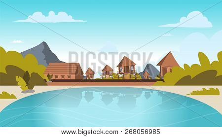 Vector Image A Village On The Shore Of A Lagoon. Vector Illustration Of A Cartoon Villages With Bung
