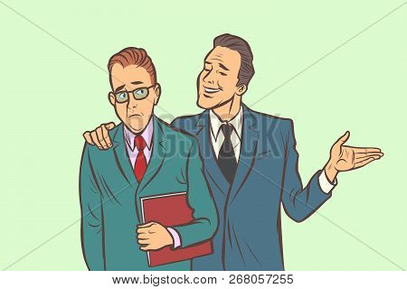 One Businessman Comforts Supports Sympathetic Feels Other Sad. Comic Cartoon Pop Art Retro Vector Il