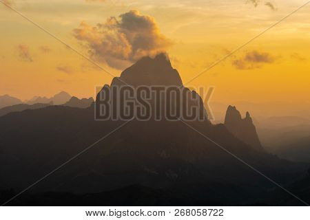 Phou Khoun Dramatic Sky. Sun Ray Shining Over Mountain. View Point On Laos Luang Prabang Sky Road.