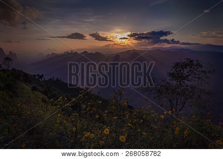 Phou Khoun Dramatic Sky. Sun Ray Shining Over Mountain. View Point On Laos Luang Prabang Sky Road.