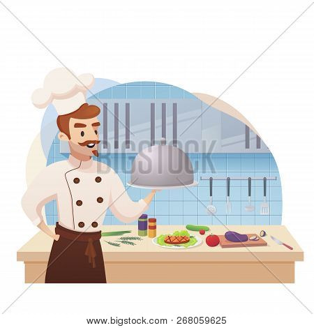Concept Illustration Of The Restaurant Business. Vector Illustration Of A Cartoon Character Shef Coo