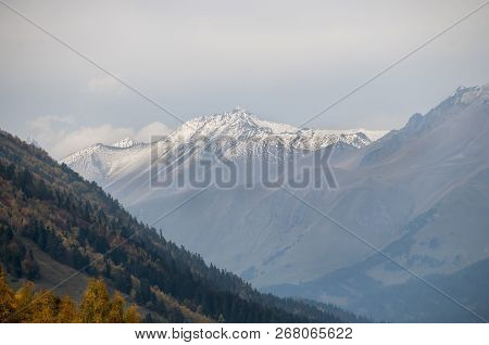 Autumn Landscape In The Mountains Of The Caucasus. Russia, Karachay-cherkess Republic, Near The Sett