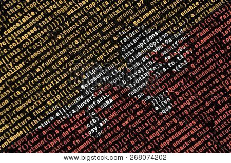 Bhutan Flag  Is Depicted On The Screen With The Program Code. The Concept Of Modern Technology And S