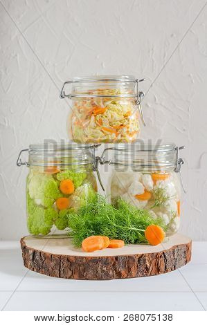 Home Made Cultured Vegetables In Jars Fermenting To Be Used As A Probiotic Food Canned Food Concept.
