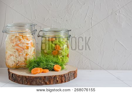 Home Made Cultured Vegetables In Jars Fermenting To Be Used As A Probiotic Food. Canned Food Concept