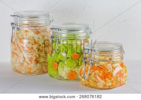 Home Made Cultured Vegetables In Jars Fermenting To Be Used As A Probiotic Food. Canned Food Concept