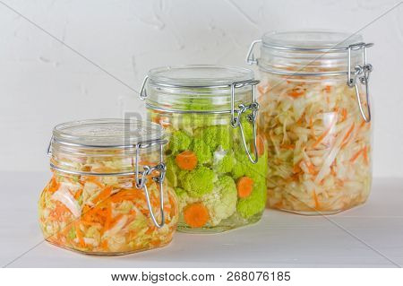 Home Made Cultured Vegetables In Jars Fermenting To Be Used As A Probiotic Food. Canned Food Concept