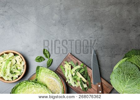 Flat Lay Composition With Savoy Cabbage And Space For Text On Grey Background